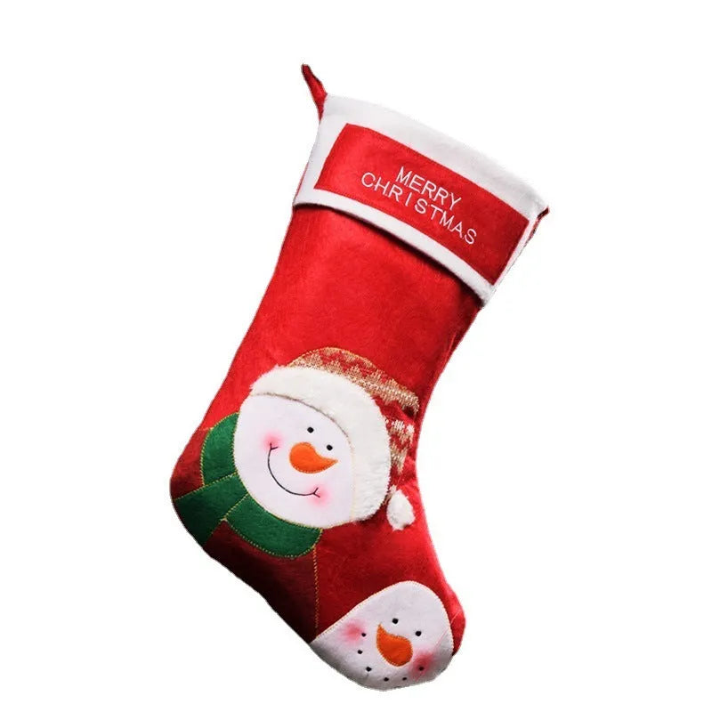 Non-woven fabric Christmas stocking decorations in Elk, Old Man, and Snowman designs.