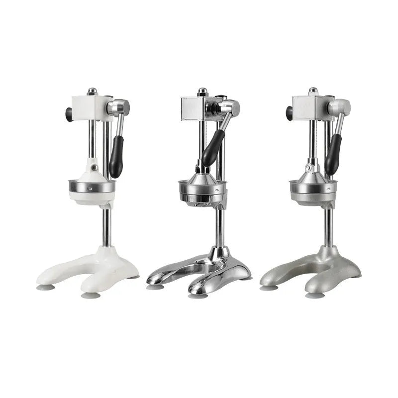 Vertical stainless steel manual citrus juicer with zinc alloy base in various colours and head types.