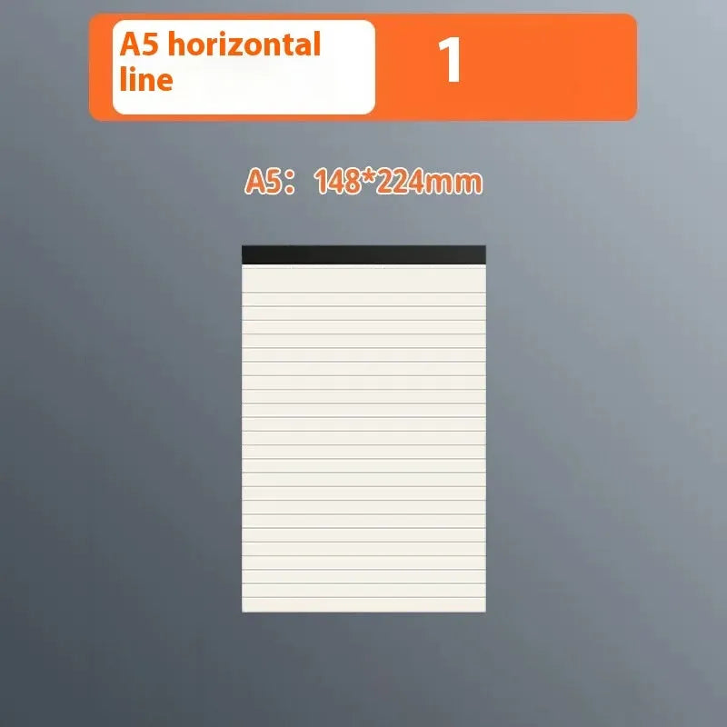 Set of three tearable writing pads in A5, B5 and A4 sizes showing blank, grid and lined ruling options.