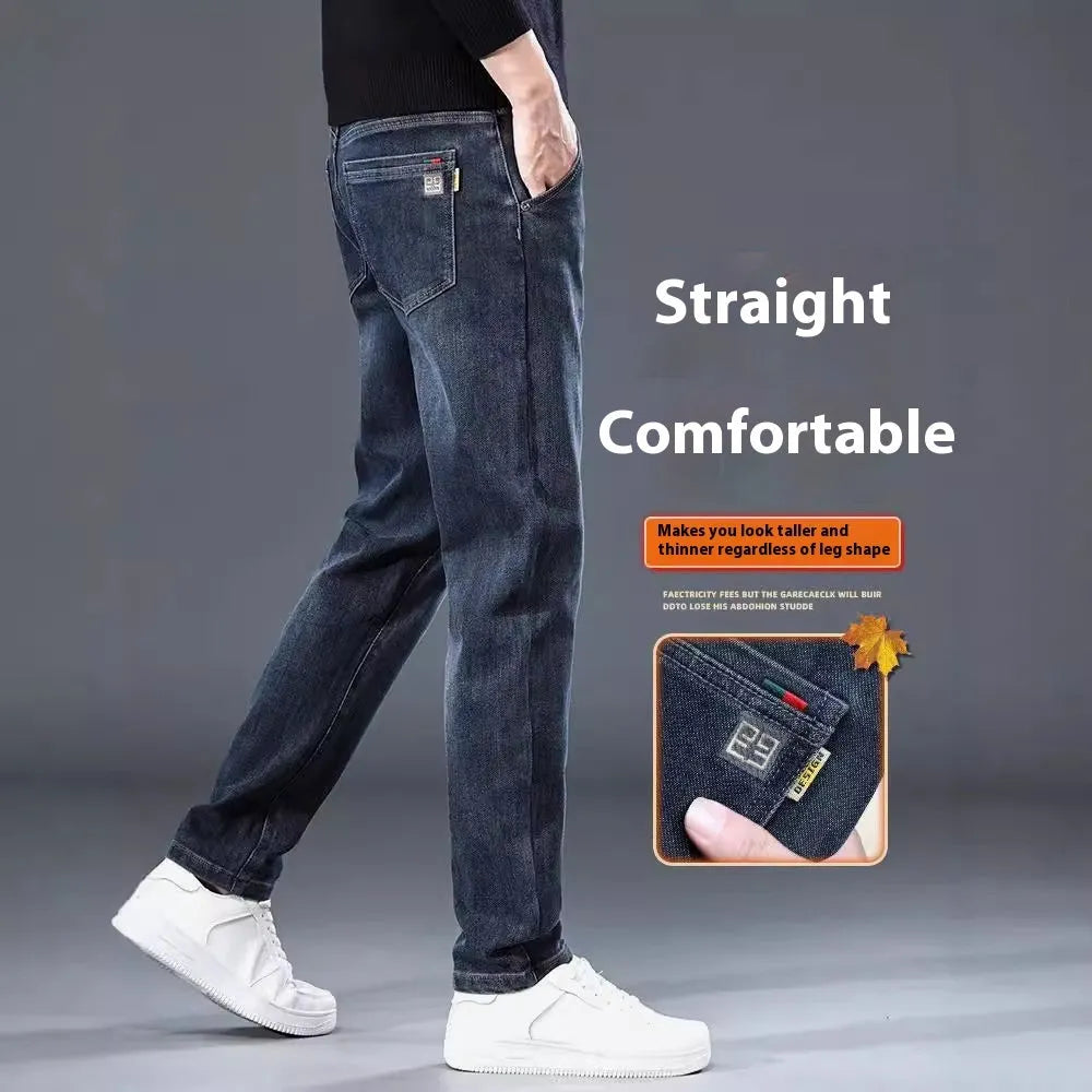 Men's slim straight casual trousers in polyester fabric with mid waist and zipper fly