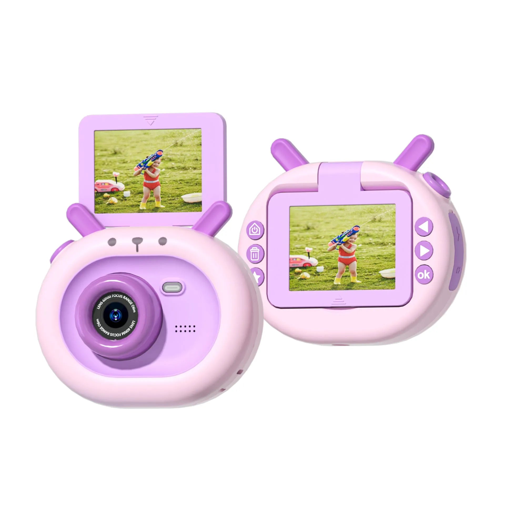 Purple children's digital camera with flip screen and silicone protective case on lanyard