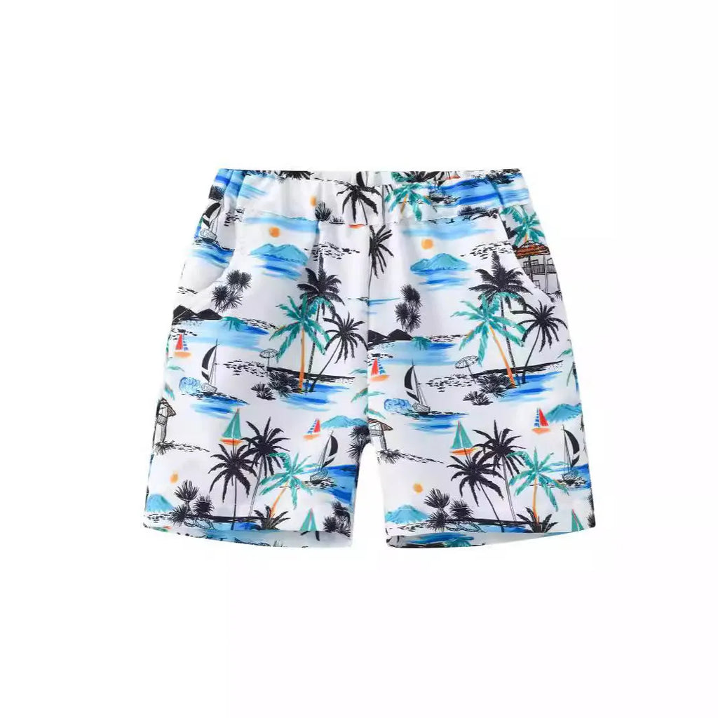 Fashion printed coconut multi-color thin beach pants for children, summer shorts with hairband belt
