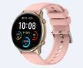 Round smart sports watch with touch screen, heart rate monitor, and silicone strap in black, blue, or pink