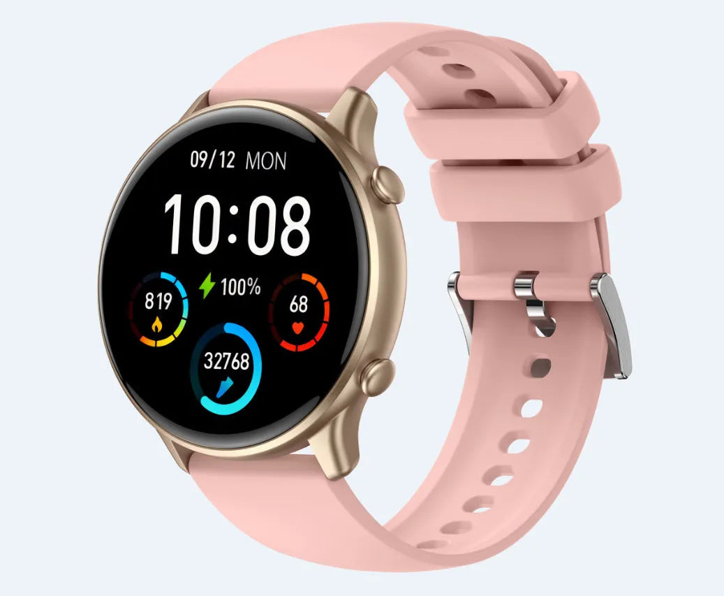 Round smart sports watch with touch screen, heart rate monitor, and silicone strap in black, blue, or pink