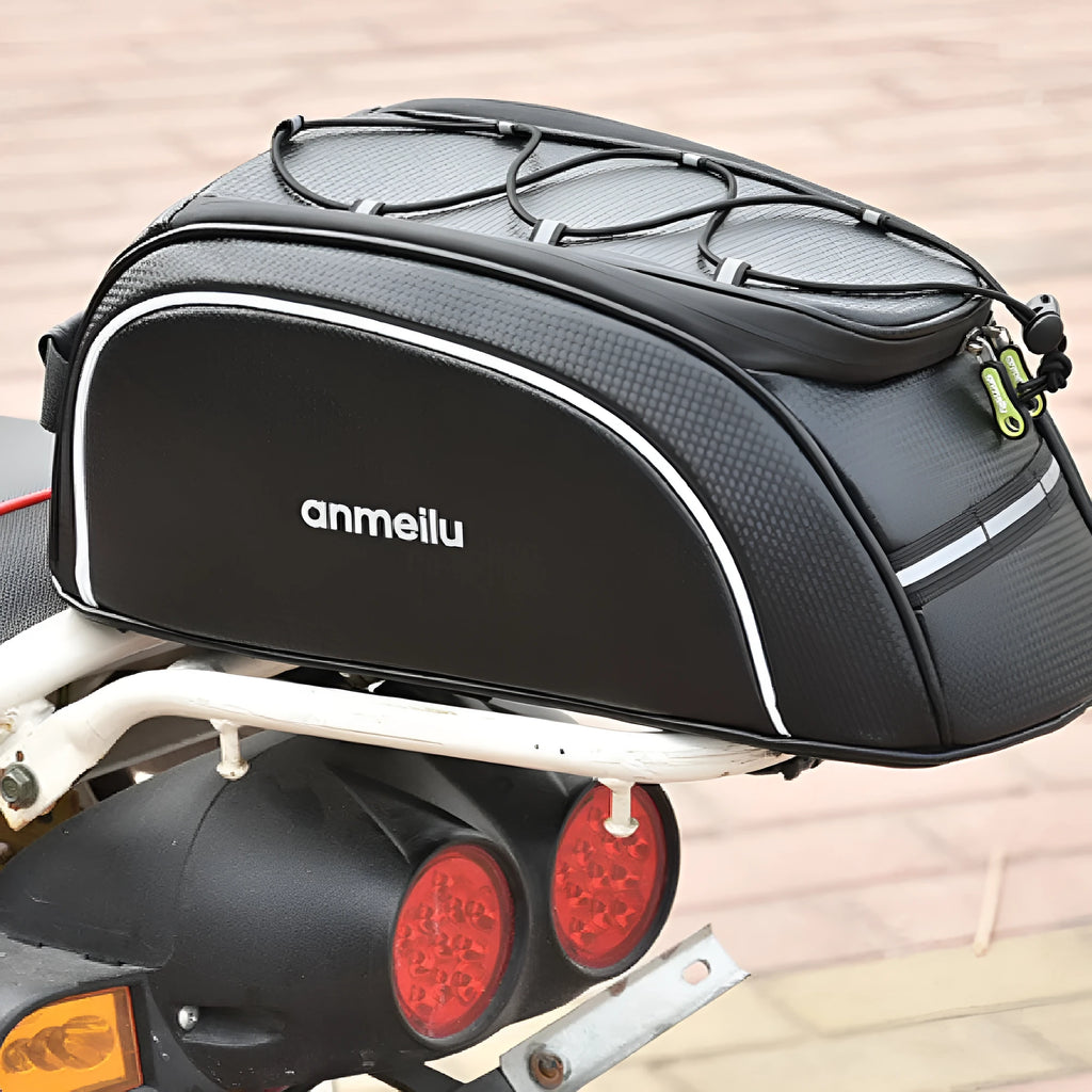 Waterproof bicycle back rack bag 8L PU leather in black and yellow mounted on bike rear rack