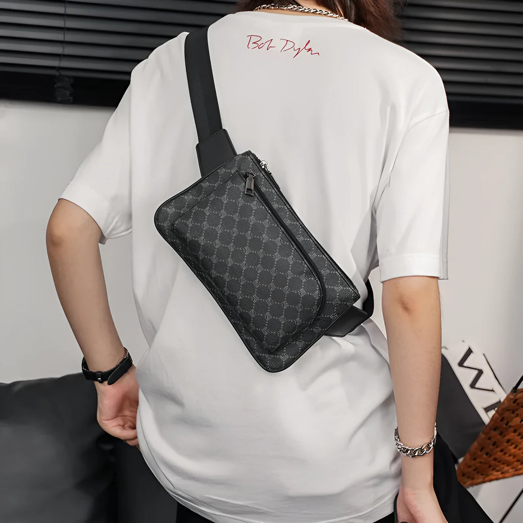 Men's patterned black PU leather waterproof crossbody chest bag with adjustable strap