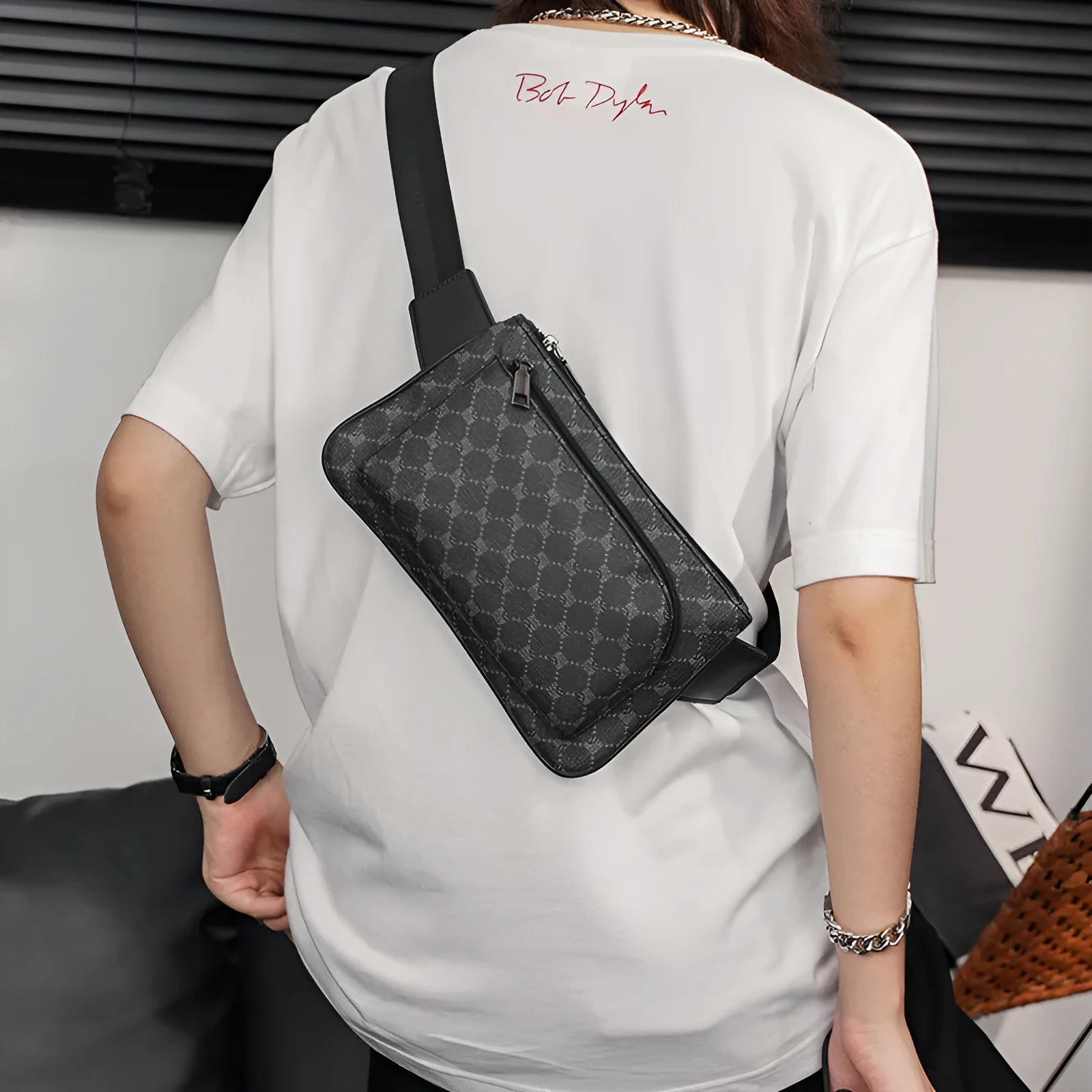 Men's patterned black PU leather waterproof crossbody chest bag with adjustable strap