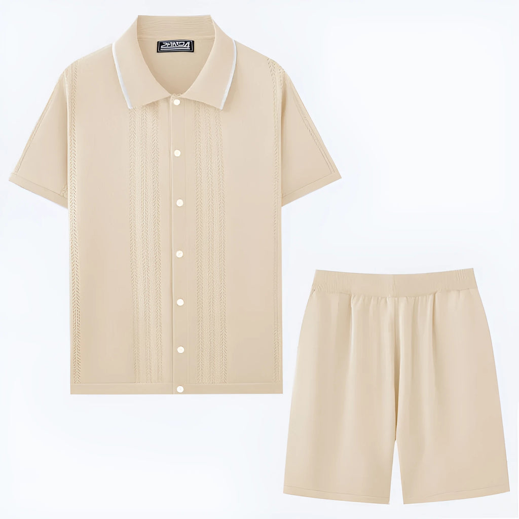 European and American business casual two-piece set in khaki, dark blue, black, light blue, grey, and wine red featuring short sleeve knit top and shorts.