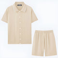 European and American business casual two-piece set in khaki, dark blue, black, light blue, grey, and wine red featuring short sleeve knit top and shorts.
