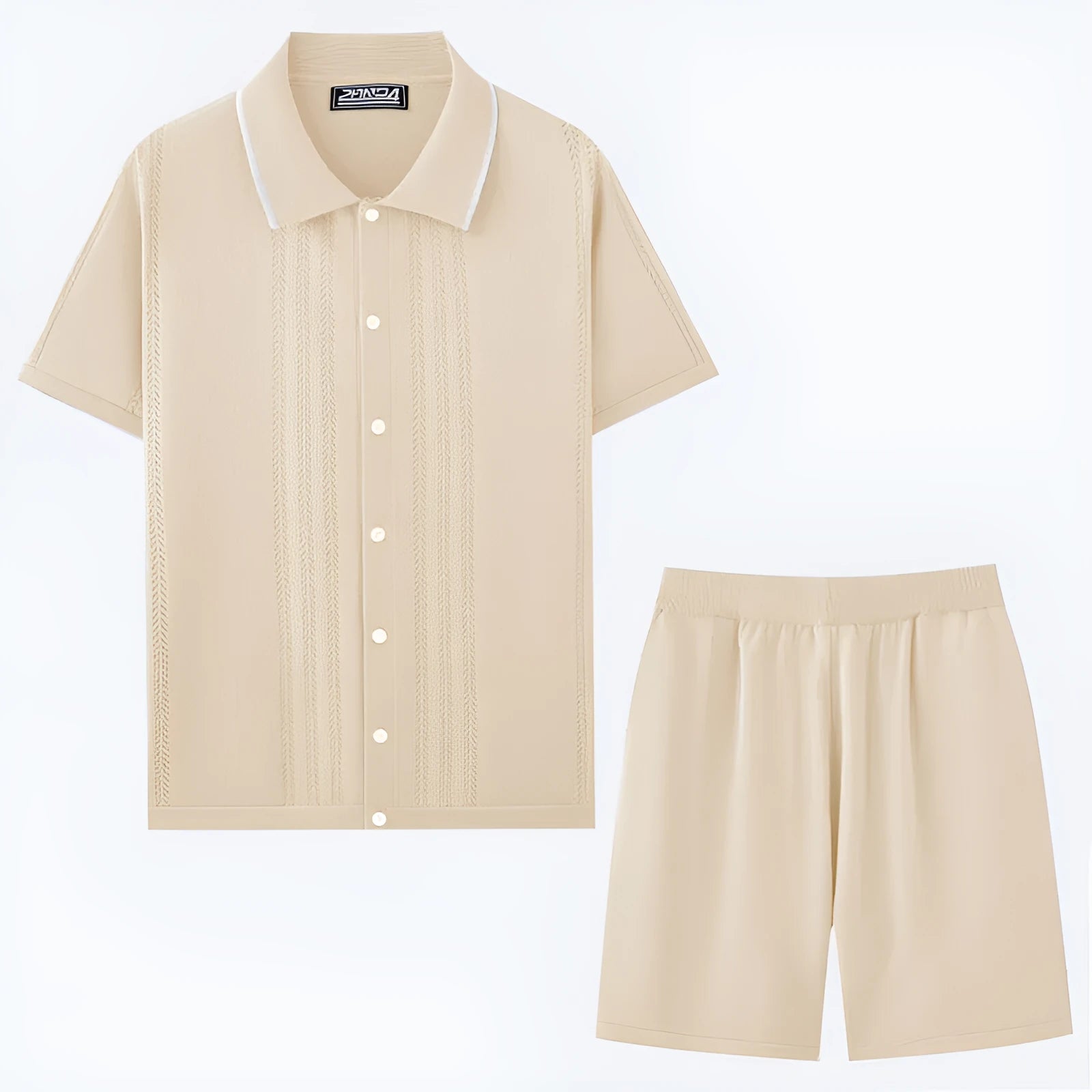 European and American business casual two-piece set in khaki, dark blue, black, light blue, grey, and wine red featuring short sleeve knit top and shorts.