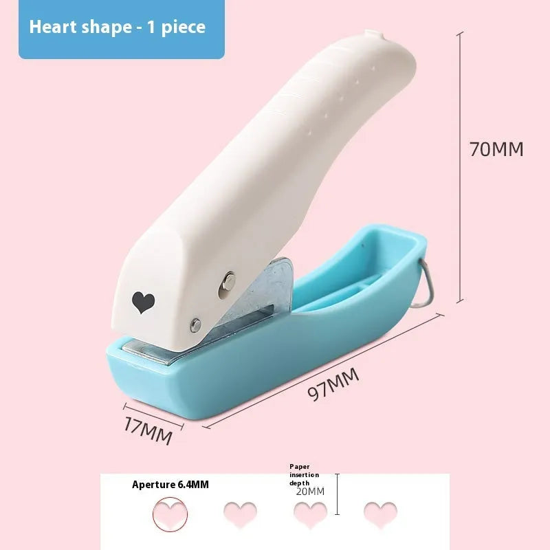 Small manual hand punch for embossing love, star, 4mm and 6mm round shapes on paper.