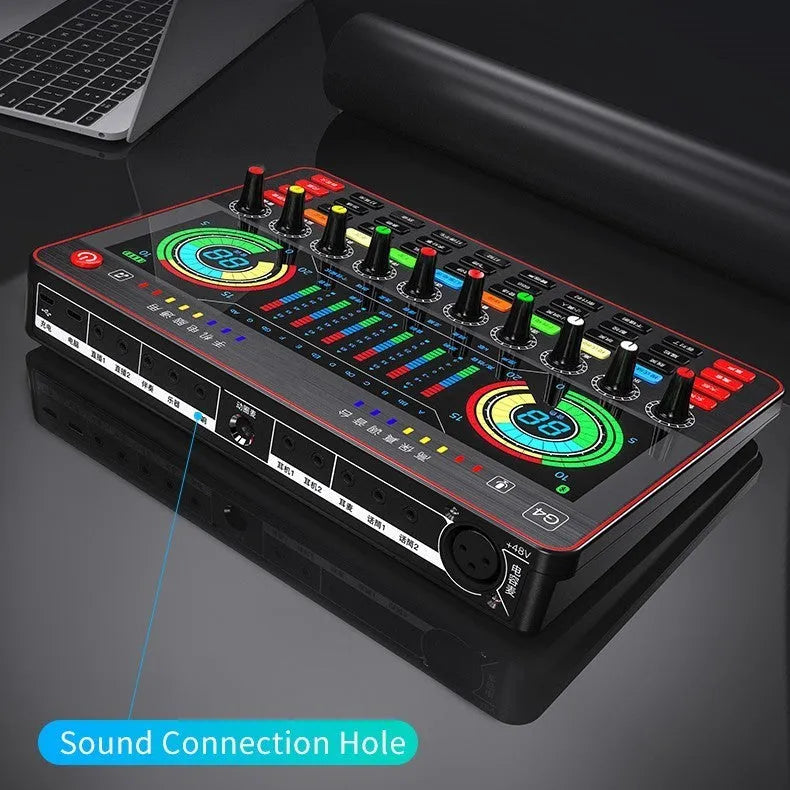 G4 professional sound card mixer with LCD screen, microphone, and remote control for live streaming.