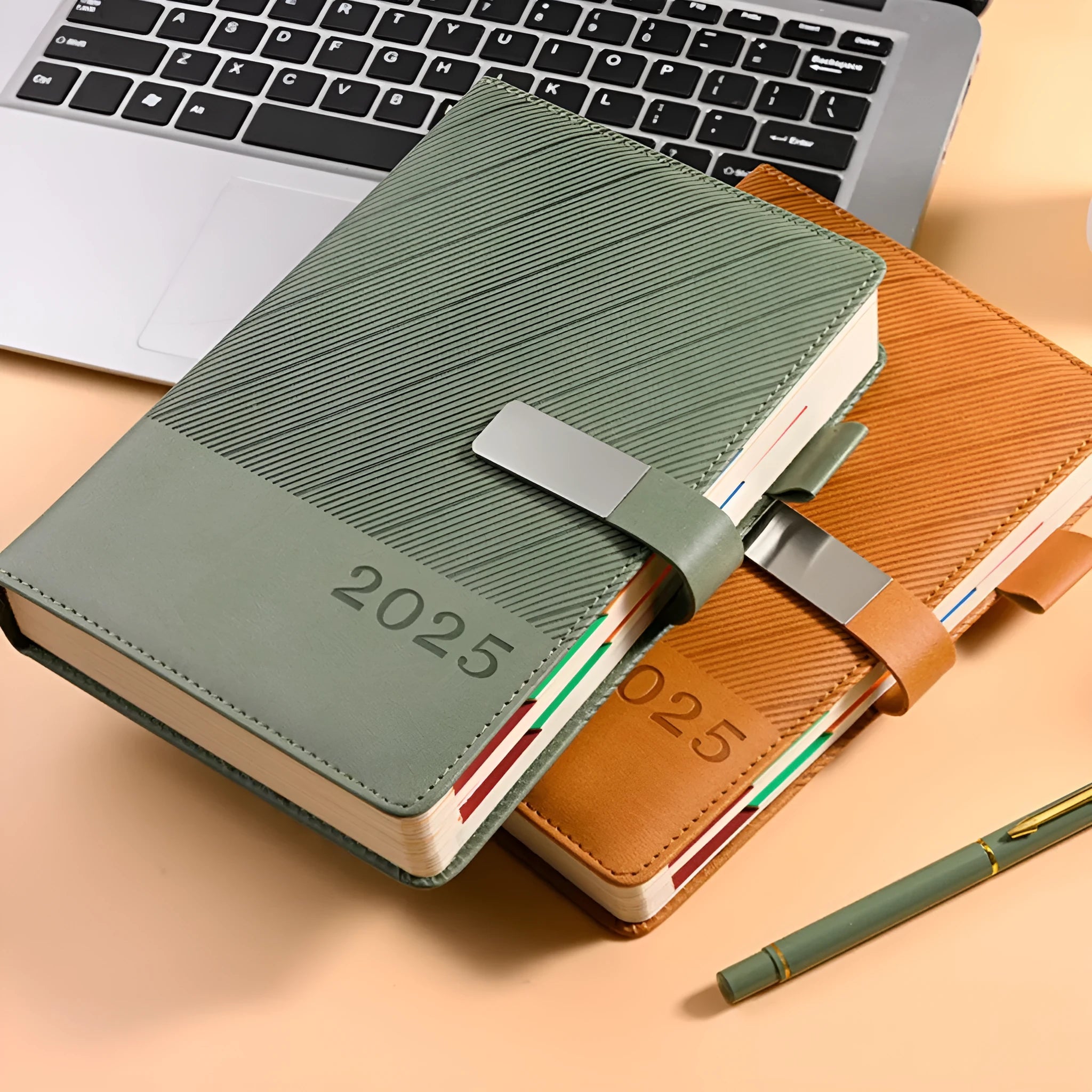 Executive A5 business notepad with striped PU leather cover open showing 80g wood-free paper
