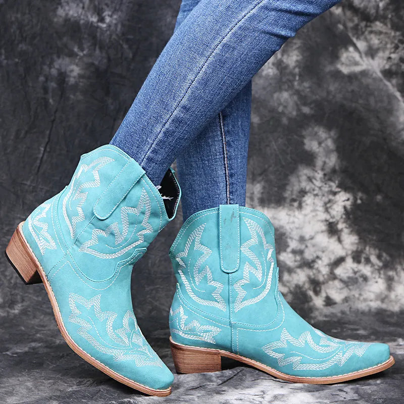 Women's blue Western cowgirl boots with embroidery details and low wedge heel
