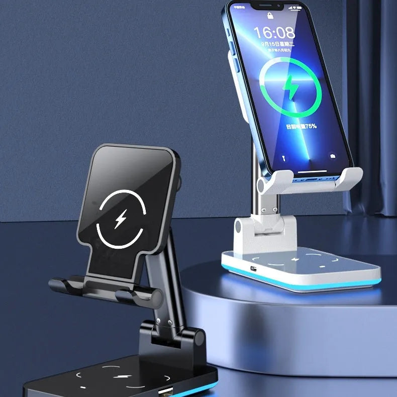 Black desktop wireless charging phone stand holding smartphone at viewing angle
