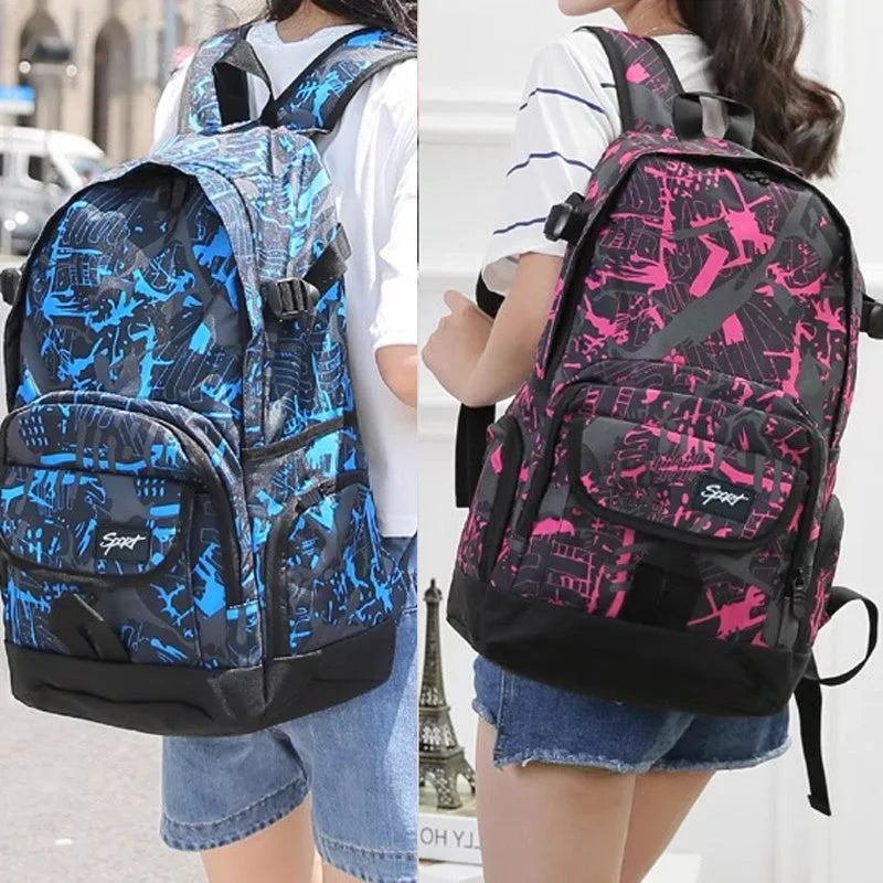 Blue and red large classic nylon backpack for students and teenagers.