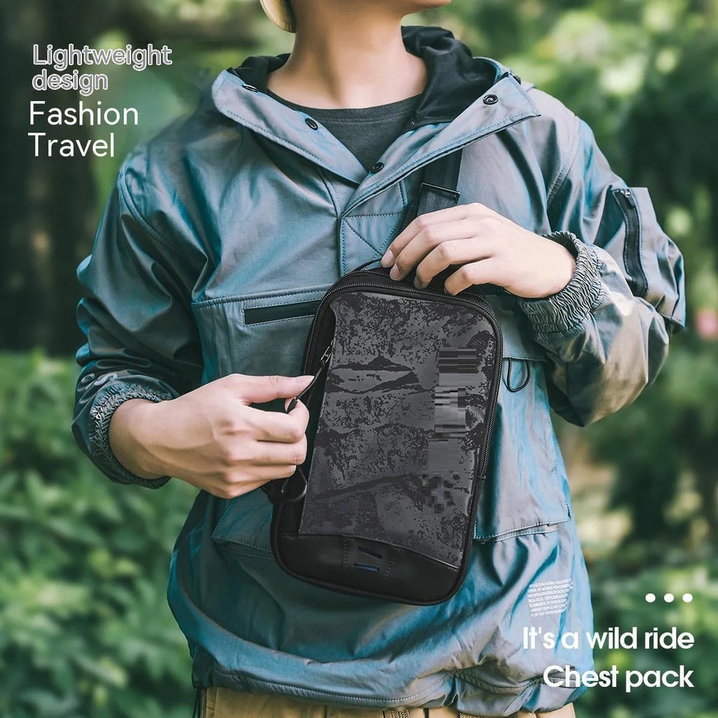 Casual black TPU chest bag with camouflage pattern, single shoulder strap, and soft handle showing square vertical shape