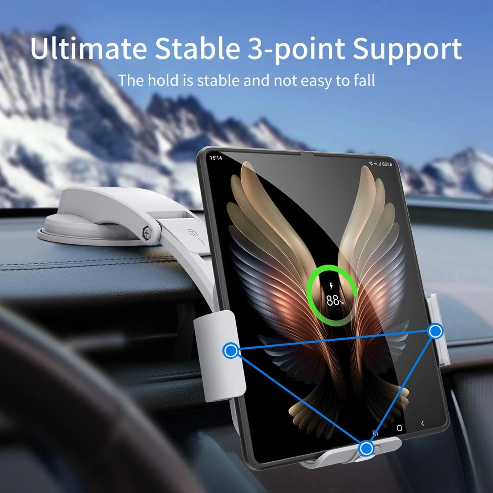 Grey car phone holder with folding screen showing wireless charging area and included mounting accessories