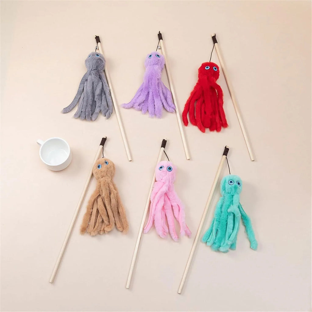 Octopus-themed cat toy with long handle in bright colours for indoor pet play