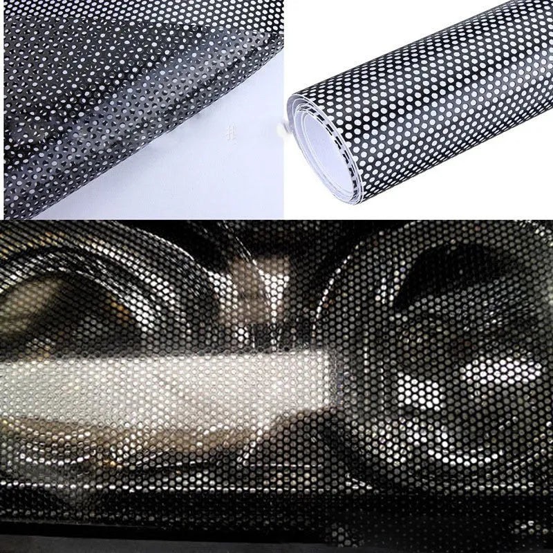 Perforated mesh-style automotive film roll showing colour changing properties, 30cm wide plastic wrap for vehicle customisation
