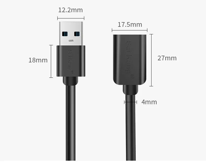 Black USB extension cable male to female connector with aluminium foil and mesh double-layer shielding