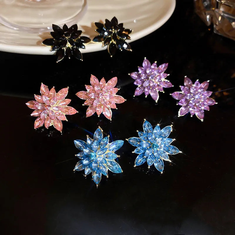 Super shiny crystal zircon multi-layer three-dimensional flower earrings in white alloy with leaf and petal details