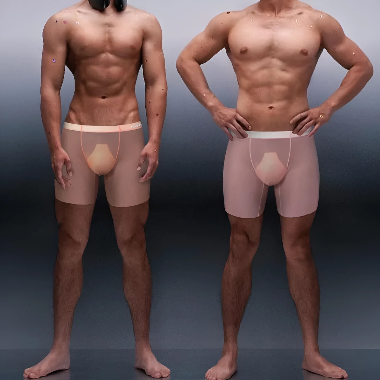 Orange men's seamless low waist boxer shorts made from quick-dry nylon fabric.