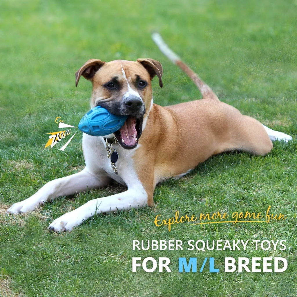 Blue, green, and orange natural rubber squeaky dog ball with textured surface grooves.