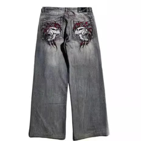 Men's gray American retro washed-out wide-leg denim jeans with mid waist and straight leg cut