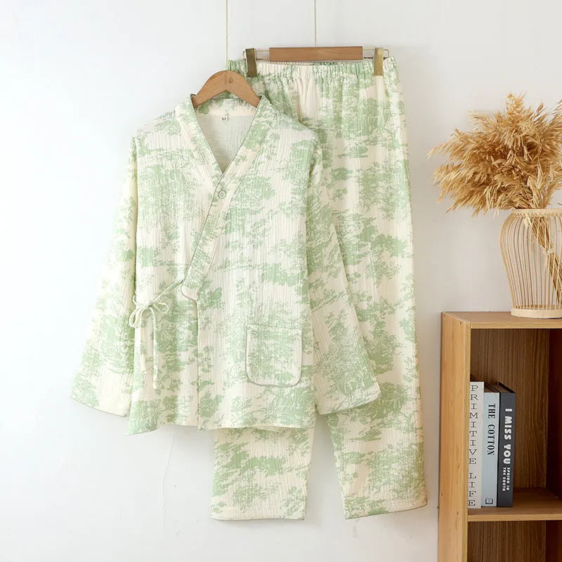 Women's pure cotton gauze long sleeve trouser set in frosted pine tree colours