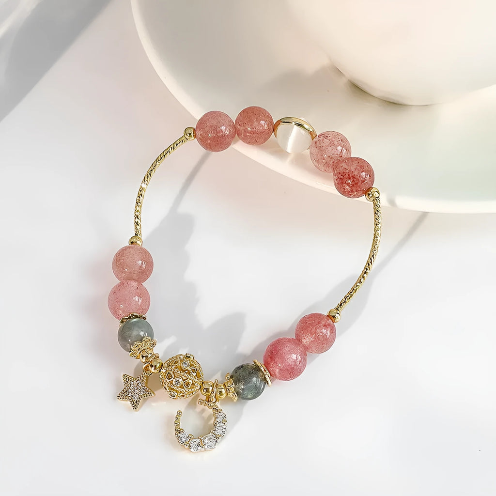 Natural stone bracelet with crystal beads and star moon alloy charms for women, retro pastoral style