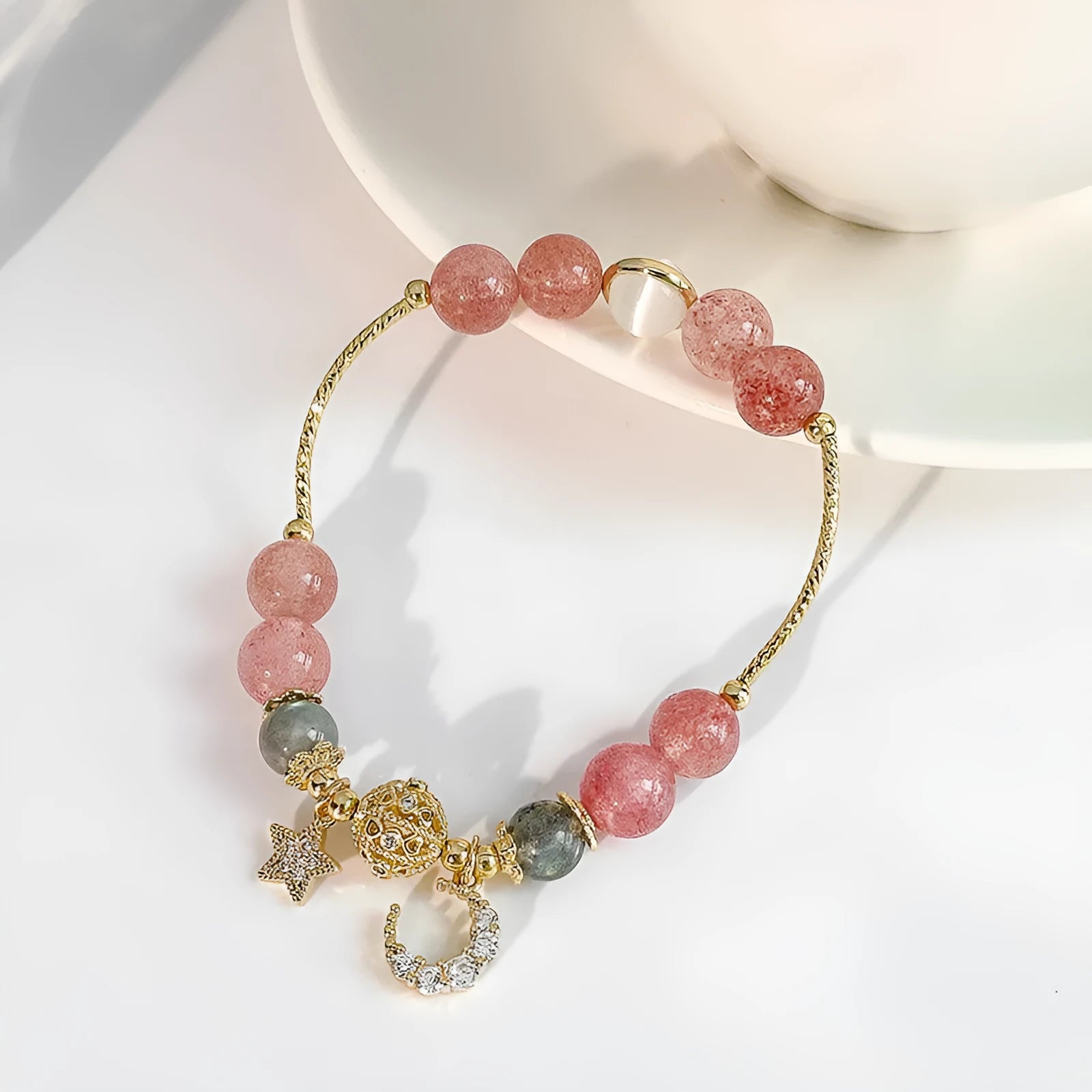 Natural stone bracelet with crystal beads and star moon alloy charms for women, retro pastoral style