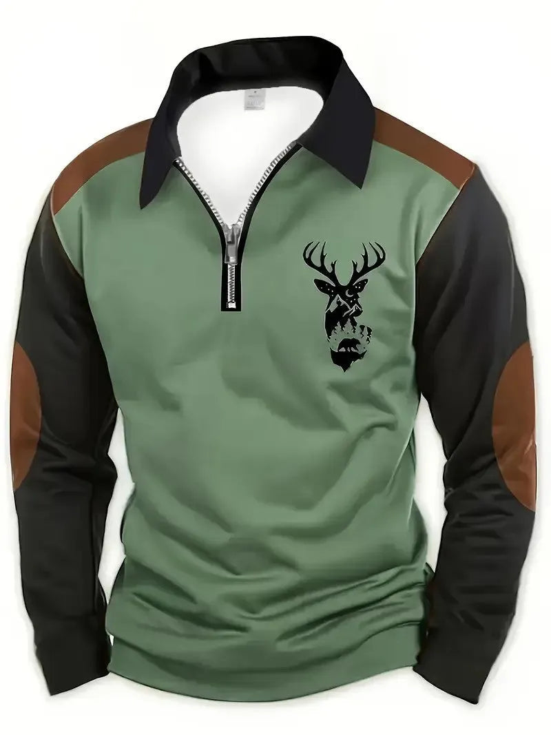 3D printed men's long sleeve polo shirt with colour block splicing and zipper decoration, loose fit, polyester blend, available in multiple colours