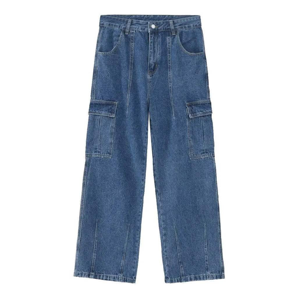 American retro loose straight leg cotton denim workwear jeans in blue with zipper fly
