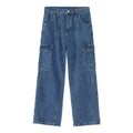 American retro loose straight leg cotton denim workwear jeans in blue with zipper fly