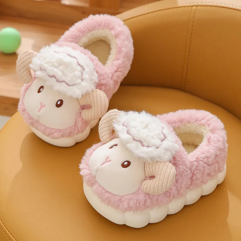 Children's fluffy cartoon slippers with plush upper and PVC sole in pink and beige