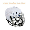 Ice hockey helmet with carbon steel face mask showing impact-resistant PP shell construction