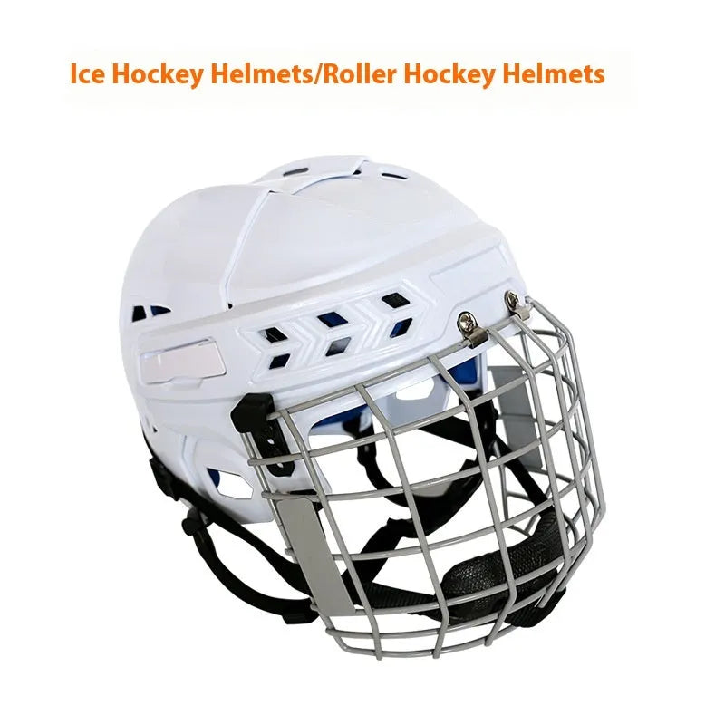 Ice hockey helmet with carbon steel face mask showing impact-resistant PP shell construction