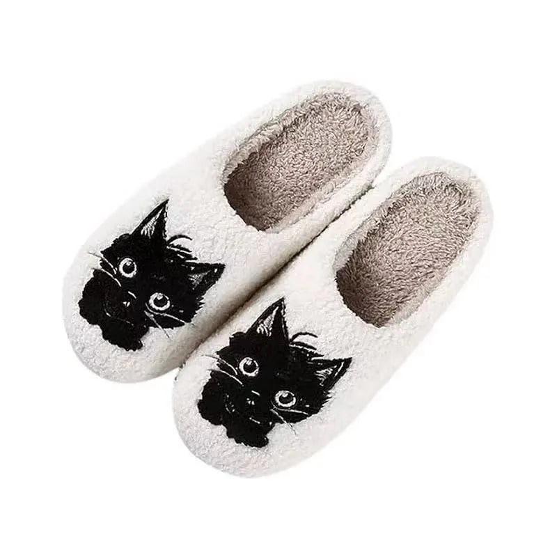 White cartoon Black Beard Cat couple slippers with plush fabric and a non-slip sole.