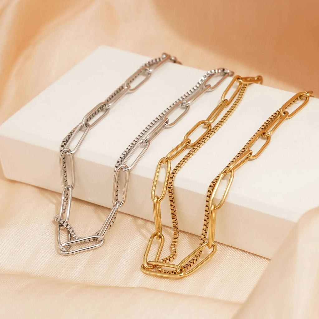 Double layer titanium steel women's bracelet with geometric design in gold or silver finish
