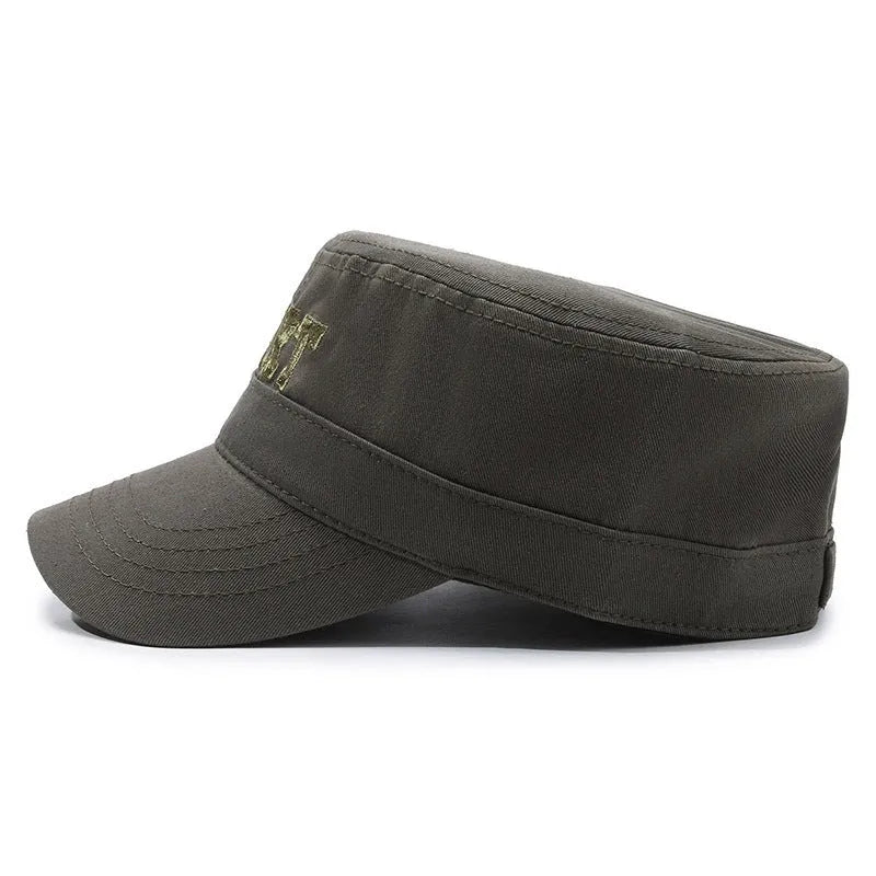 Men's adjustable cotton flat-top peaked cap in army green with printed English letters