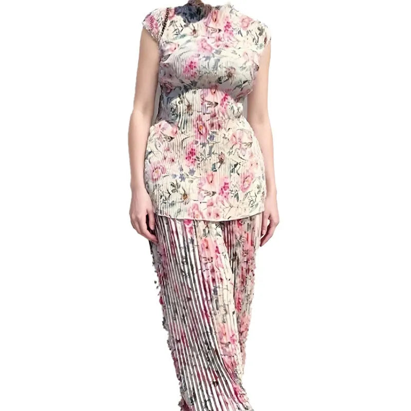 Long sleeve printed chiffon dress with high waist design in picture colour pattern