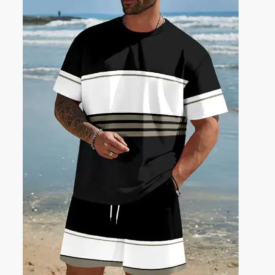 Men's loose fit short-sleeved T-shirt and matching shorts leisure suit in polyester fibre fabric for summer wear