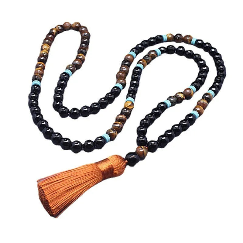 Geometric beaded jewellery set with black agate and tiger's eye stones showing bracelet and necklace options