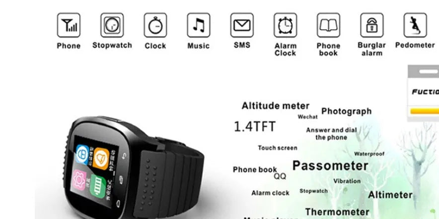 Smart Bluetooth sports watch in white, blue or black colours compatible with iPhone and Android