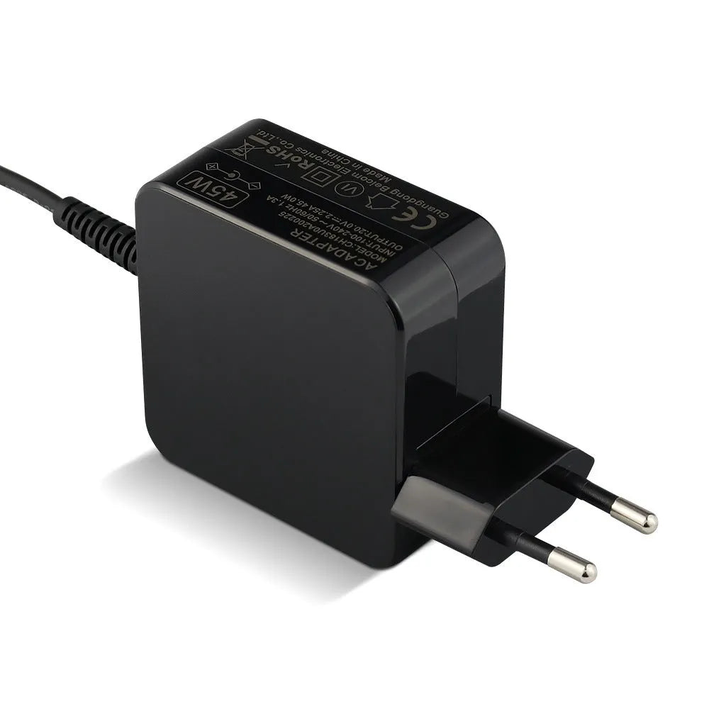 Black 45W Hua laptop adapter with American plug showing compact dimensions