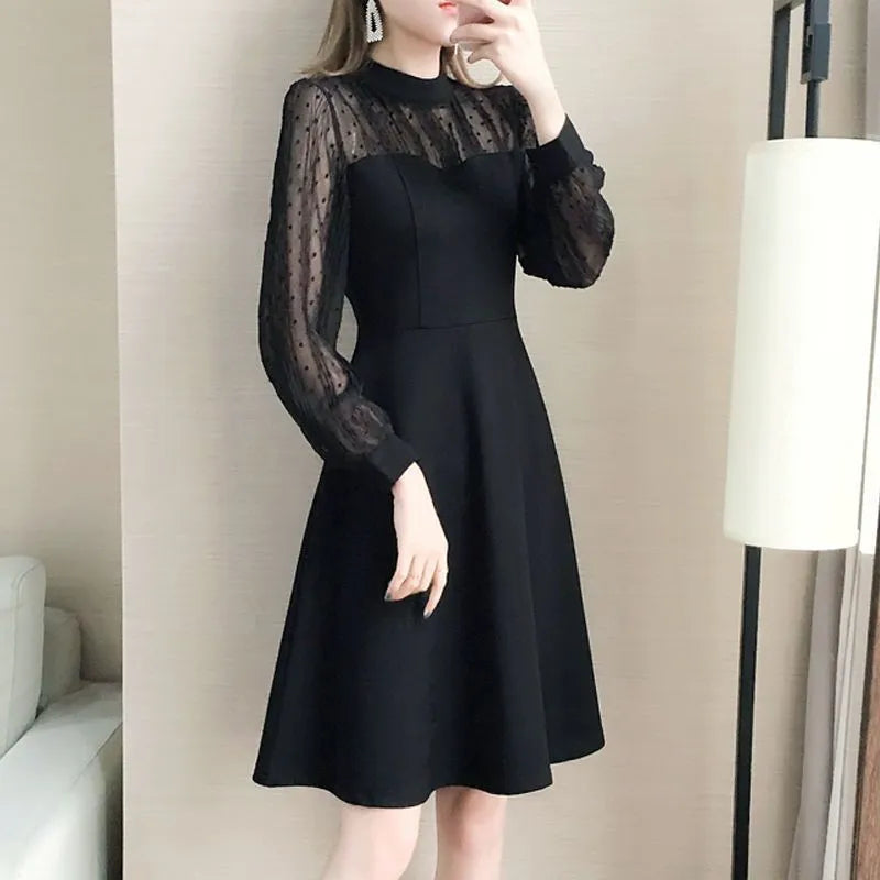 Black polyester lace long sleeve underdress with regular sleeve type shown on white background