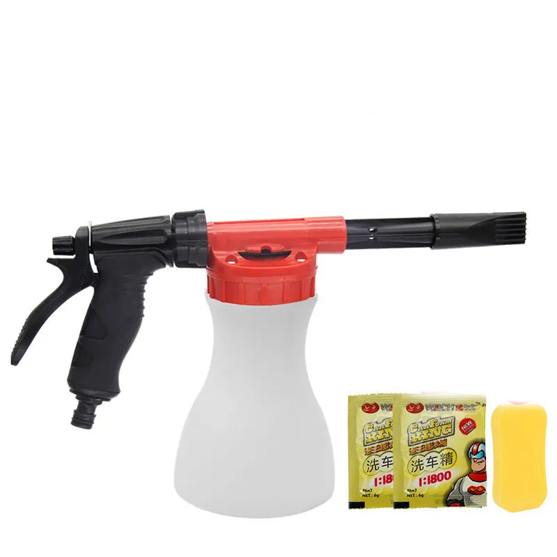 Compact high pressure water gun for garden use, showing handheld sprayer with foam pot.