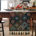 Nordic jacquard stripe pattern table runner with tassel fringe in dark blue.