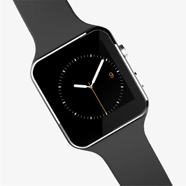 Smart watch with 1.54-inch touch screen and black silicone strap on a wrist.